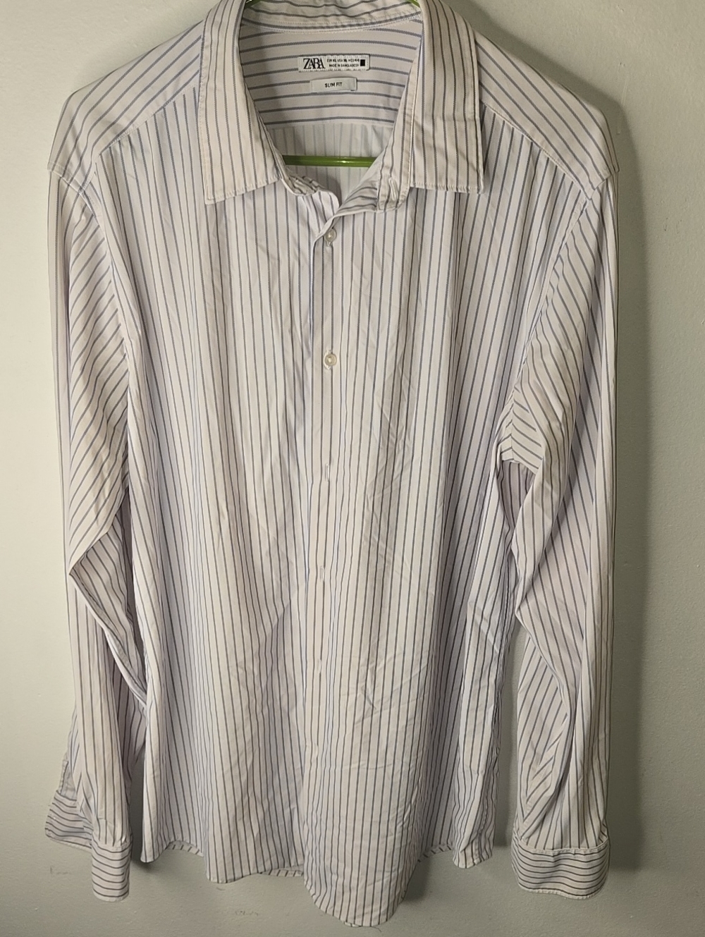 Zara Men White Dress Shirt with Thin Blue Stripes